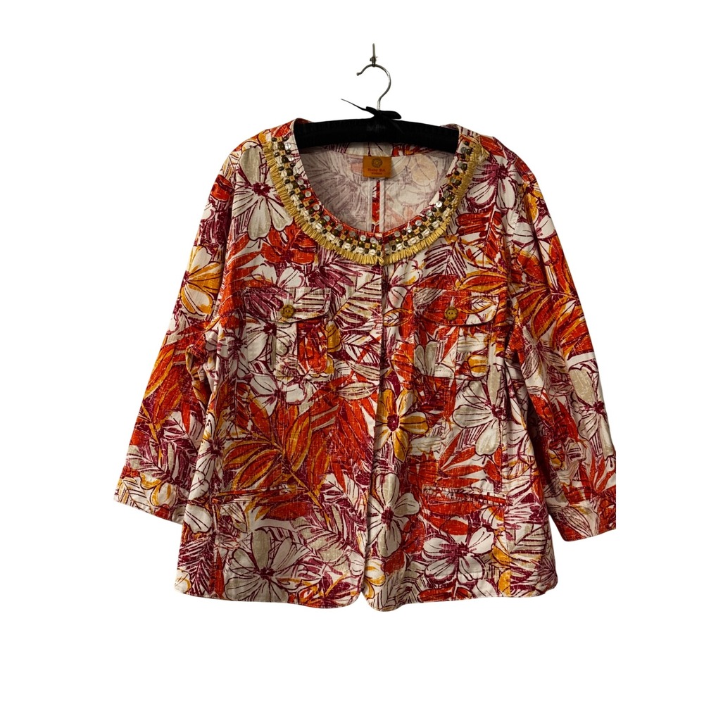 Ruby Rd. Woman Tropical Floral Embellished Neckline Jacket Orange Red XL